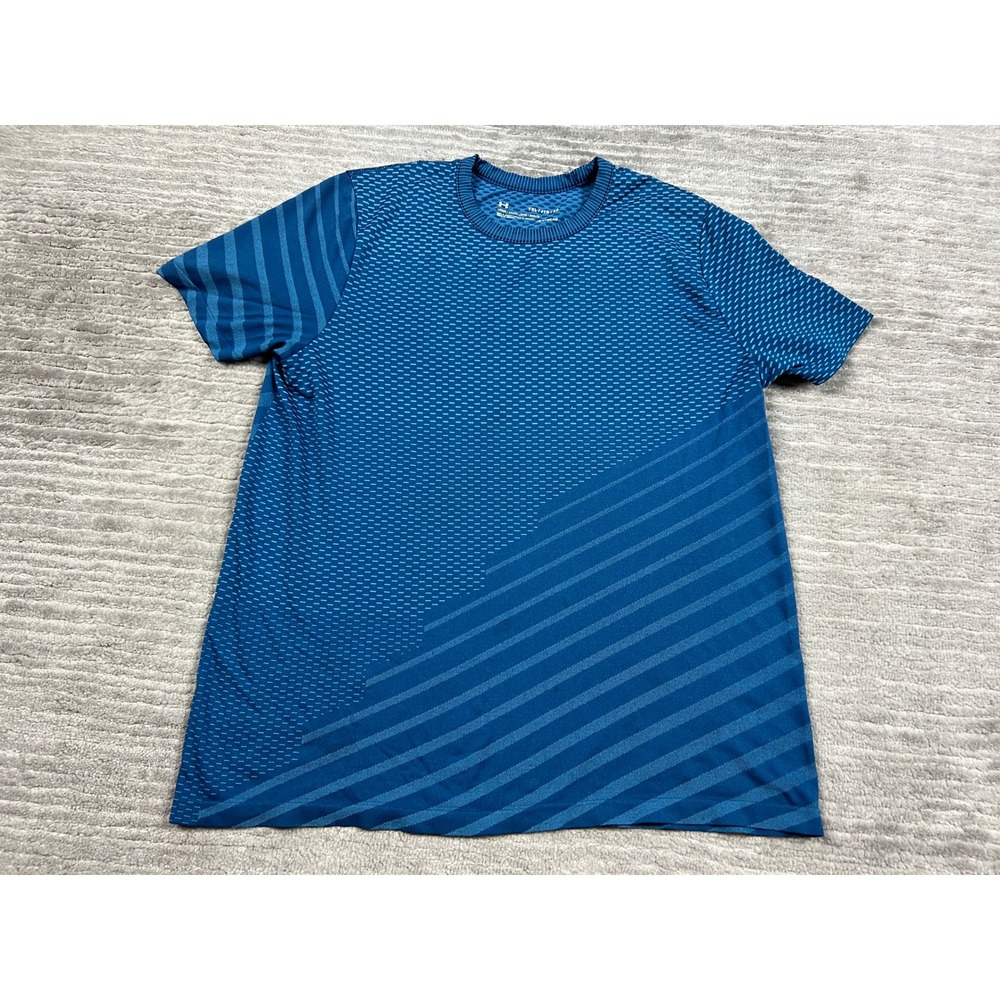 Under Armour T-Shirt Youth XL Blue HeatGear Short Sleeve Loose Fit Striped Sport